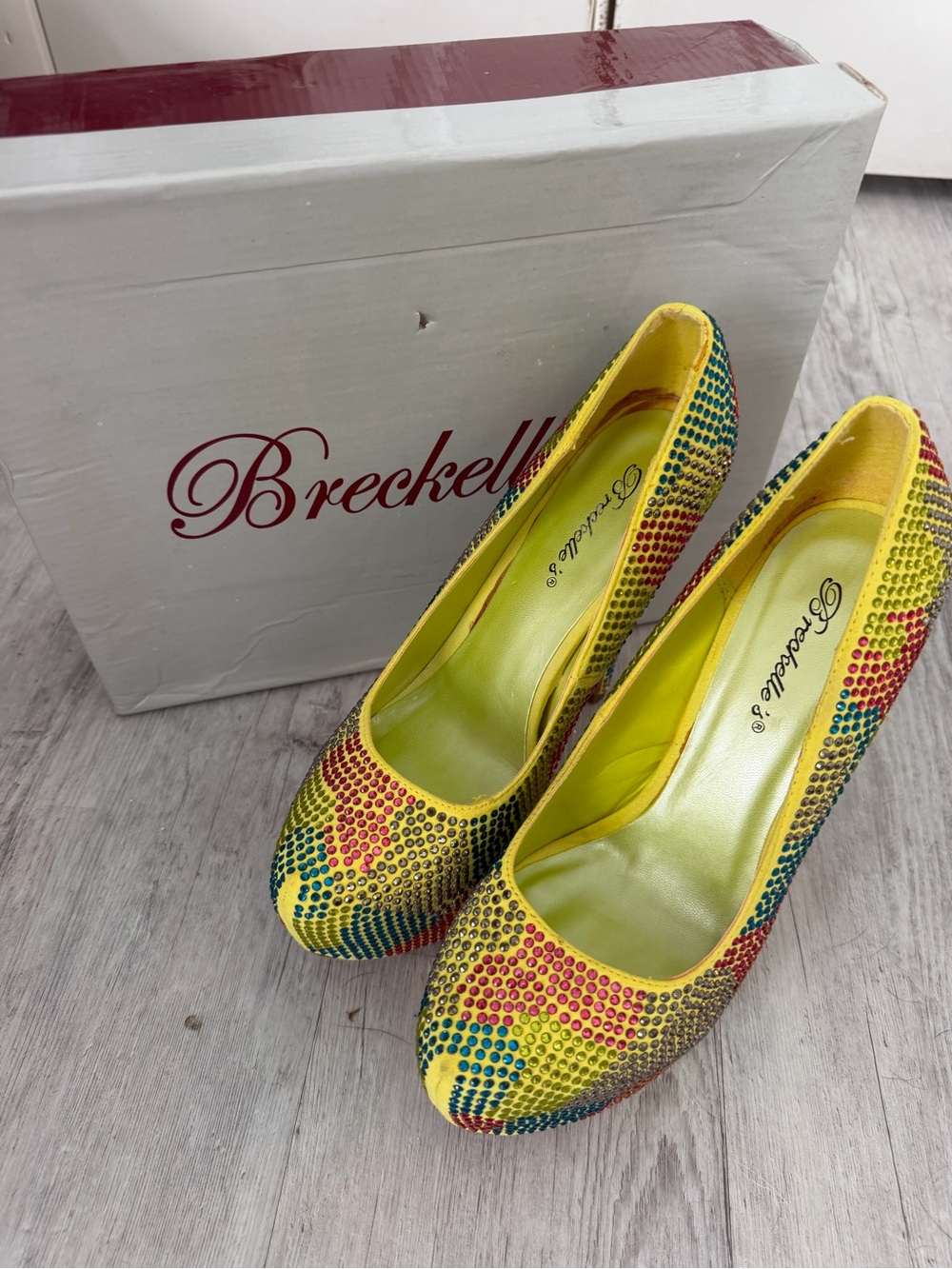 Breckelles Yellow Multicolor Rhinestone Platform Pumps